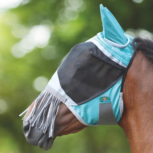 Shires Deluxe Fly Mask with Ears and Nose Fringe - Teal & Black