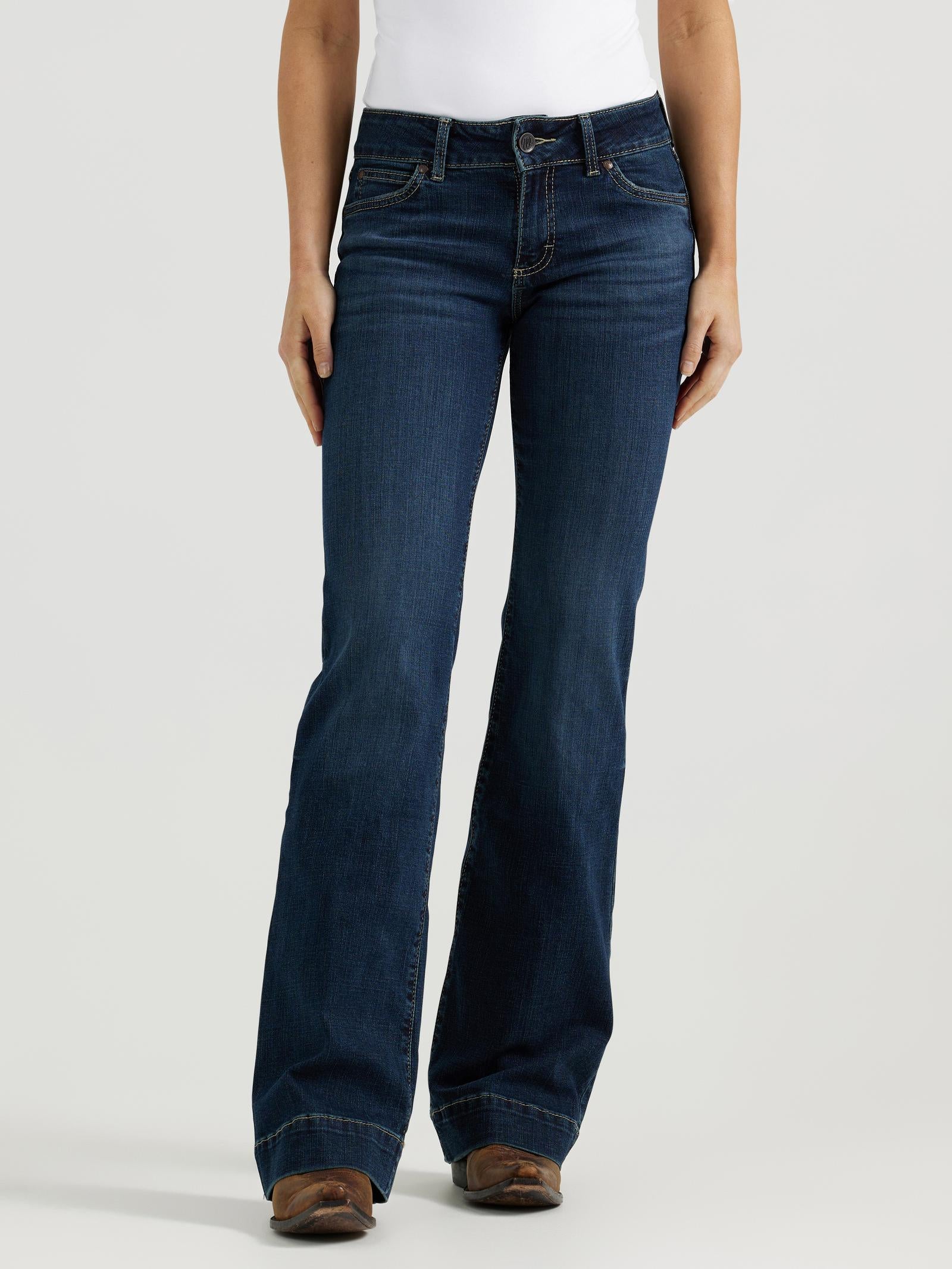 Wrangler Retro Mae women's mid-rise trouser jean in samantha wash, showing the wide trouser leg and signature western back pocket