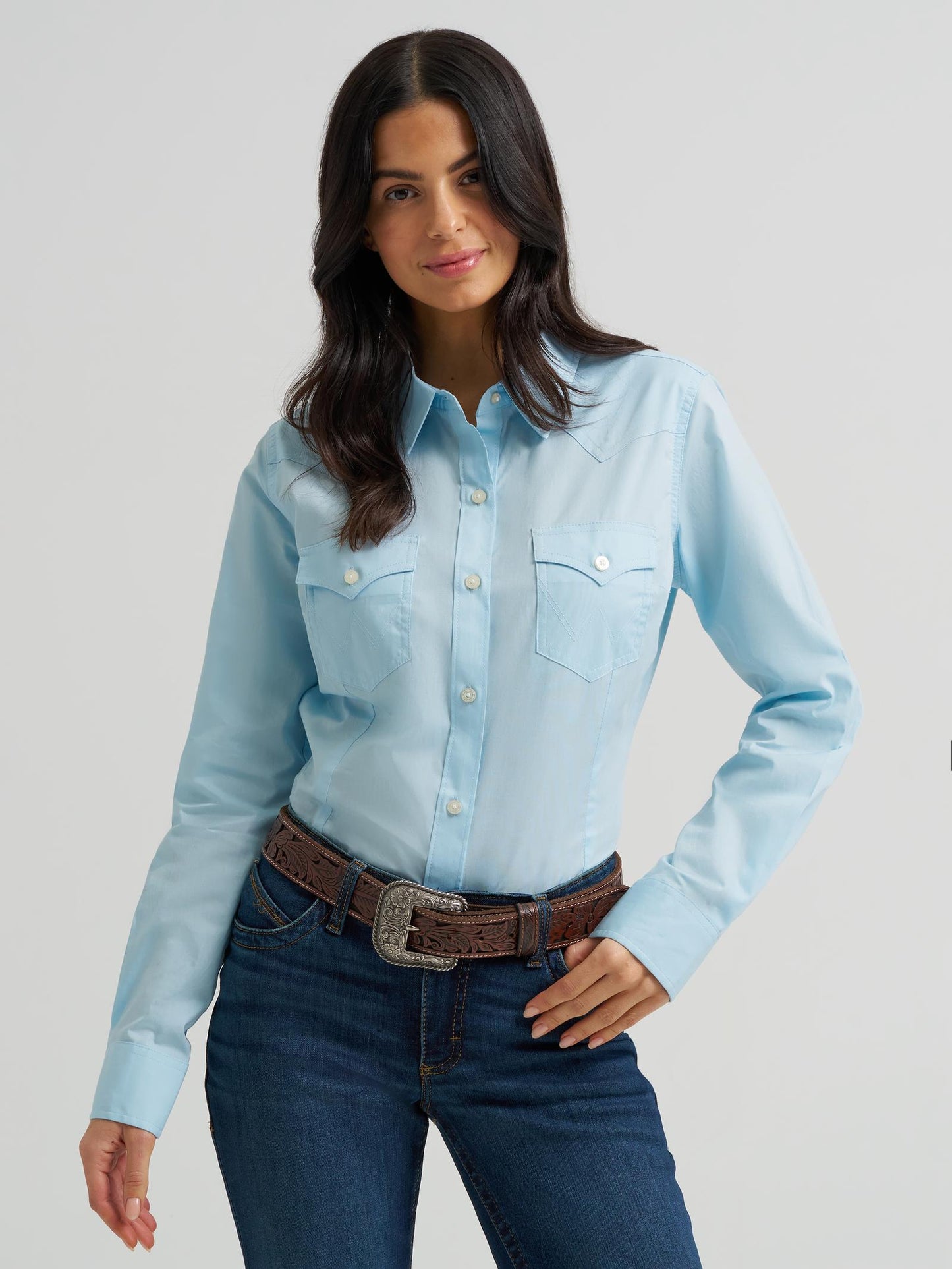 Wrangler Retro® Long Sleeve Solid Shirt | Cool Blue