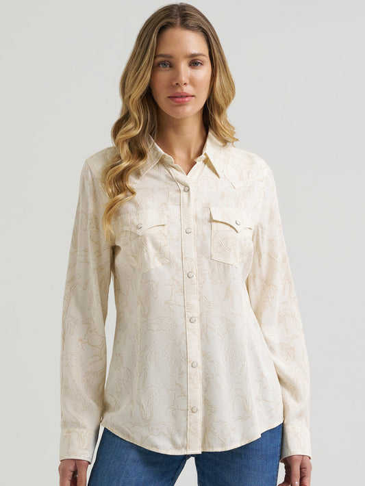 Wrangler Women's Retro Horse Print Snap Shirt |Cream