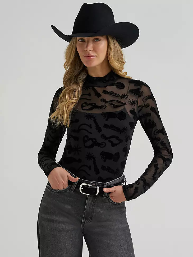 Women's Wrangler® Sheer Spur Print Mock Neck Top