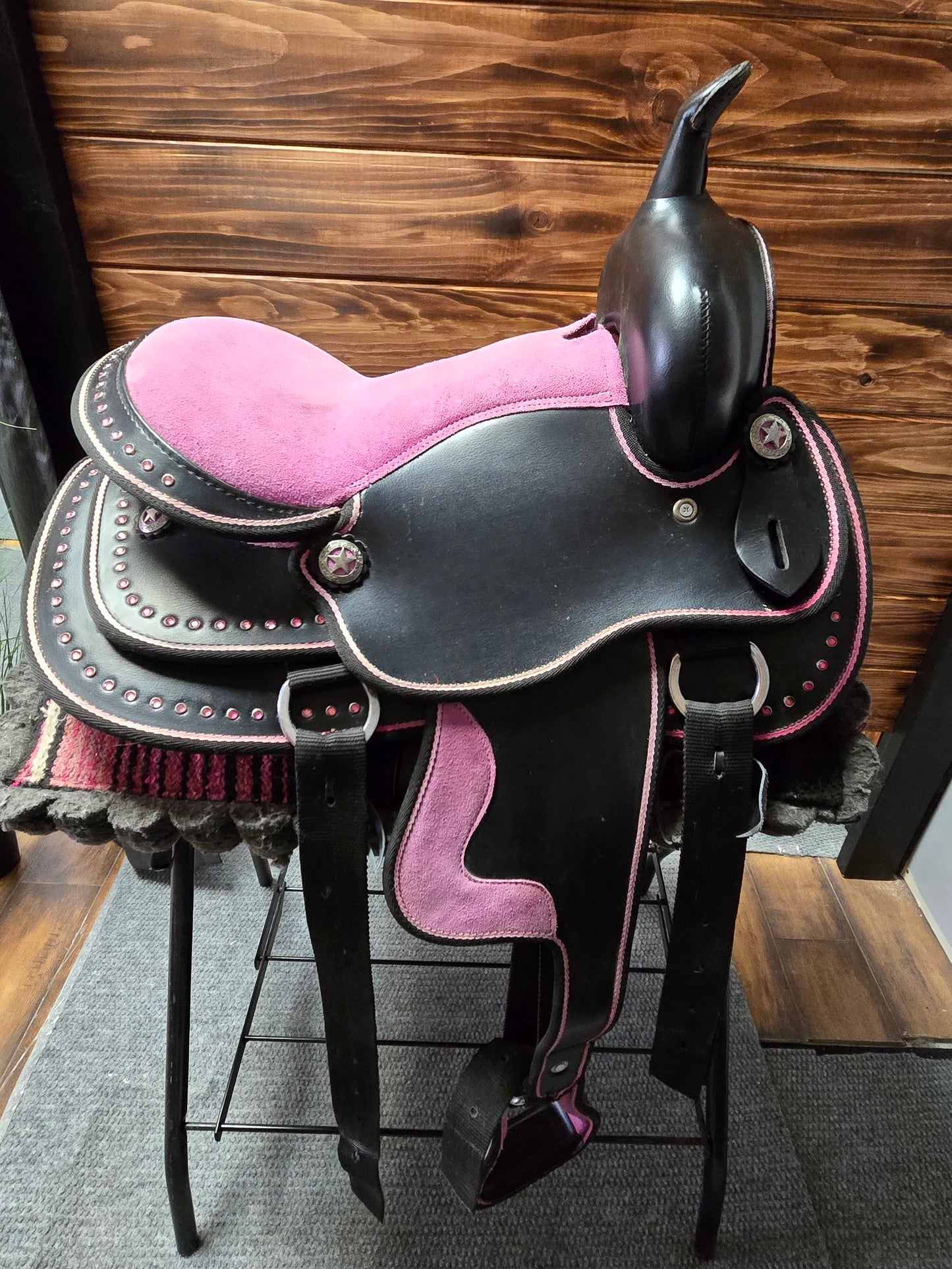 Kids Synthetic Western Saddle | Black & Pink | Like New / Never Used