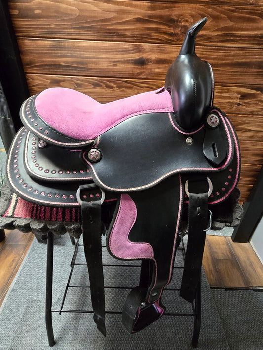Kids Synthetic Western Saddle | Black & Pink | Like New / Never Used