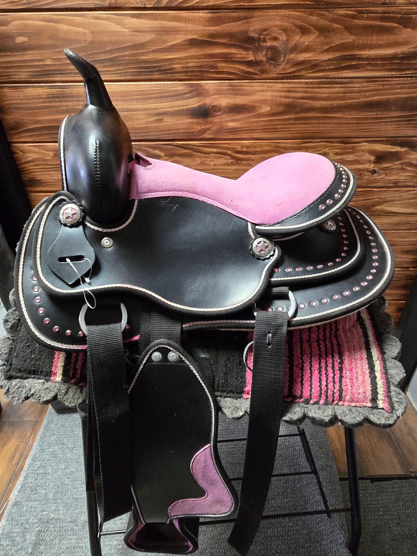 Kids Synthetic Western Saddle | Black & Pink | Like New / Never Used