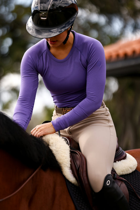 TKEQ Kennedy Long sleeve riding top in Reign purple featuring a slim athletic fit and lightweight techical performance fabric