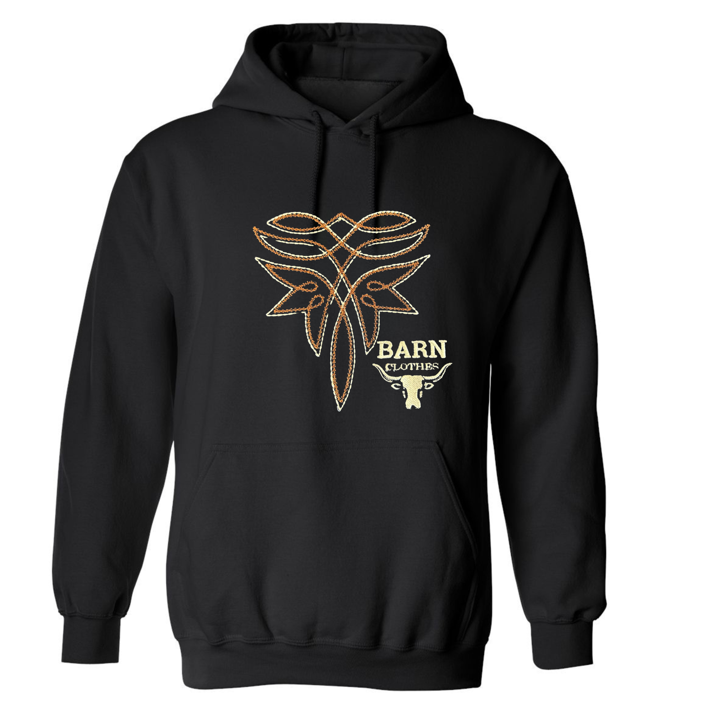 Black hoodie with gold and white design on a white background