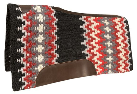 Top-down view of the Royal Mesa New Zealand Wool Comfort Fit Pad in a colorful red and black pattern, highlighting the leather wear leathers and contoured spine. 