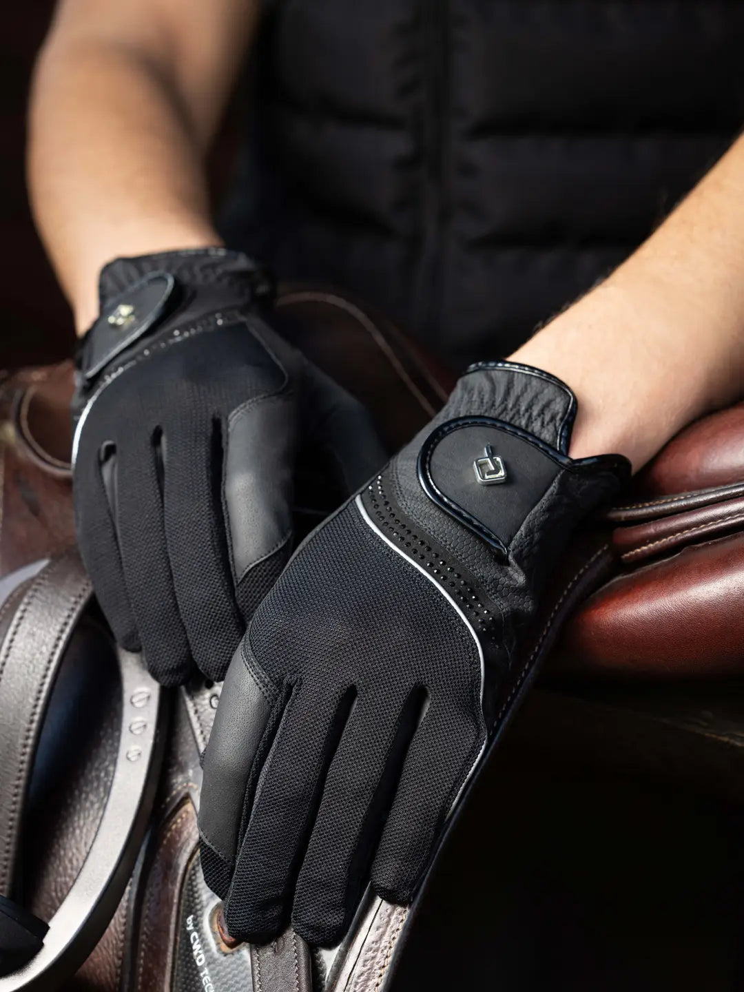 LeMieux equestrian riding gloves with mesh panel, anti slip palms and crystal detailing on the wrist closure. 