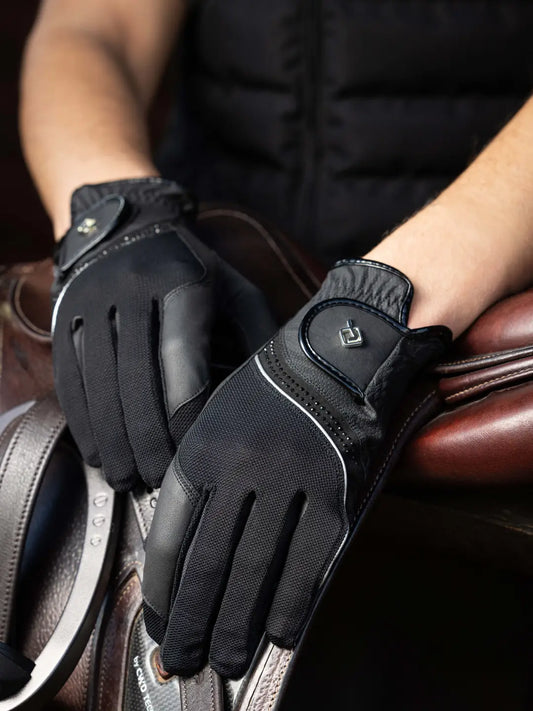 LeMieux equestrian riding gloves with mesh panel, anti slip palms and crystal detailing on the wrist closure. 