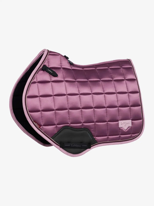 LeMieux Loire Close Contact Saddle Pad in Mallow Pink highlighting the luxury satin finish, high-wither profile, and bamboo cooling lining.
