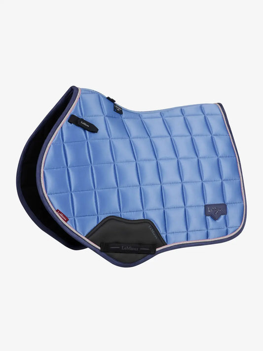 LeMieux Loire Close Contact Saddle Pad in Powder Blue with high-shine satin finish and signature metal logo.

