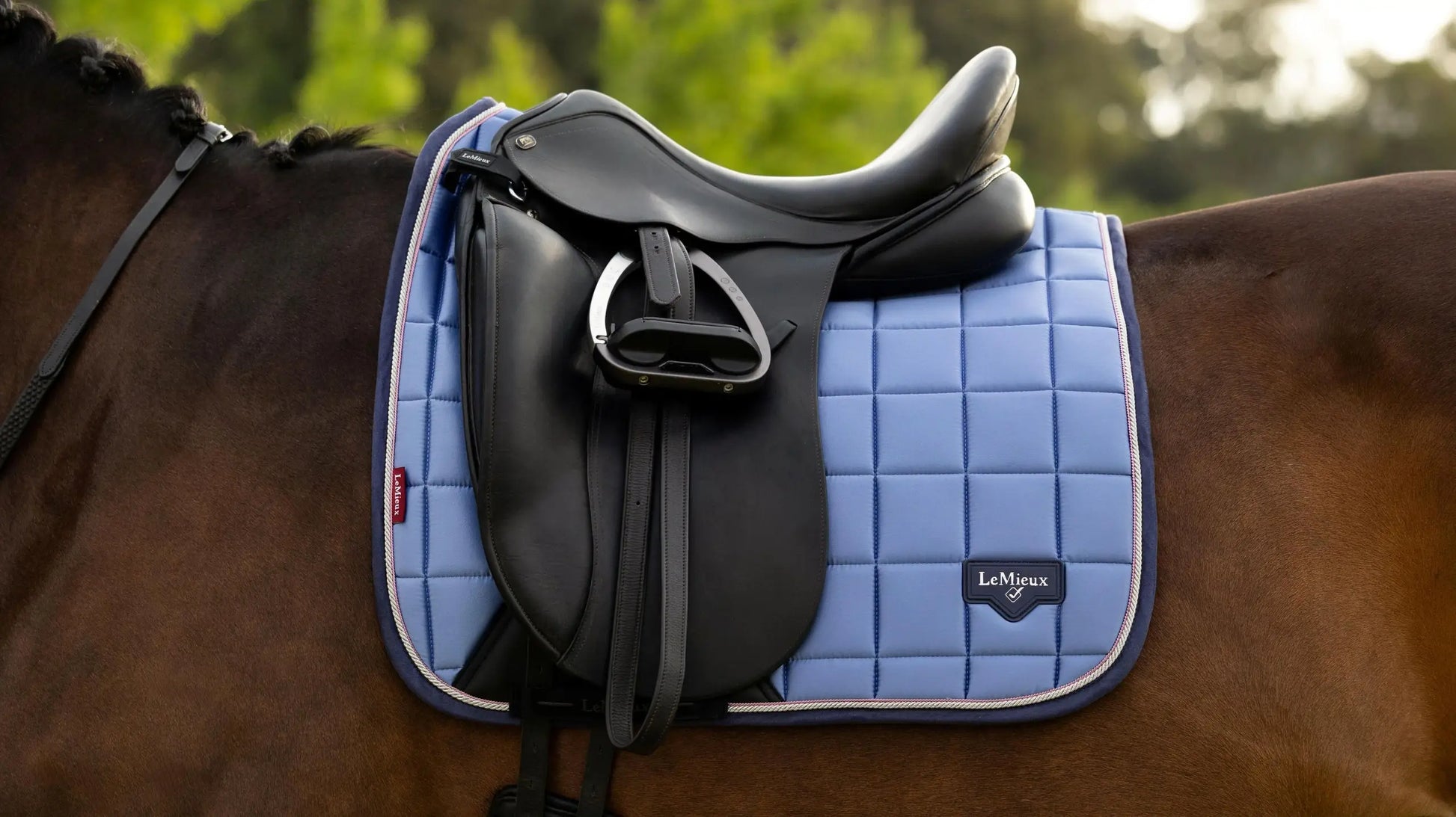 LeMieux Loire Dressage Saddle Pad in Powder Blue featuring a quilted satin finish and signature embossed metal logo