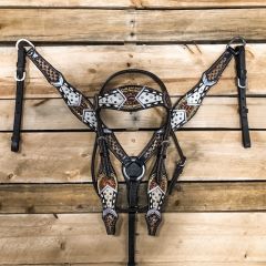 Hand Tooled Collection Cowhide Inlay Headstall and Breastcollar Set