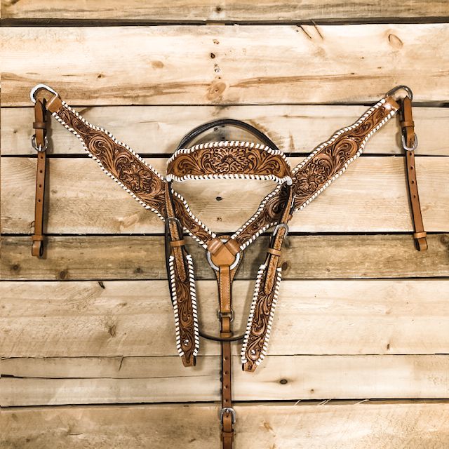 Floral Tooled White Buckstitch Headstall and