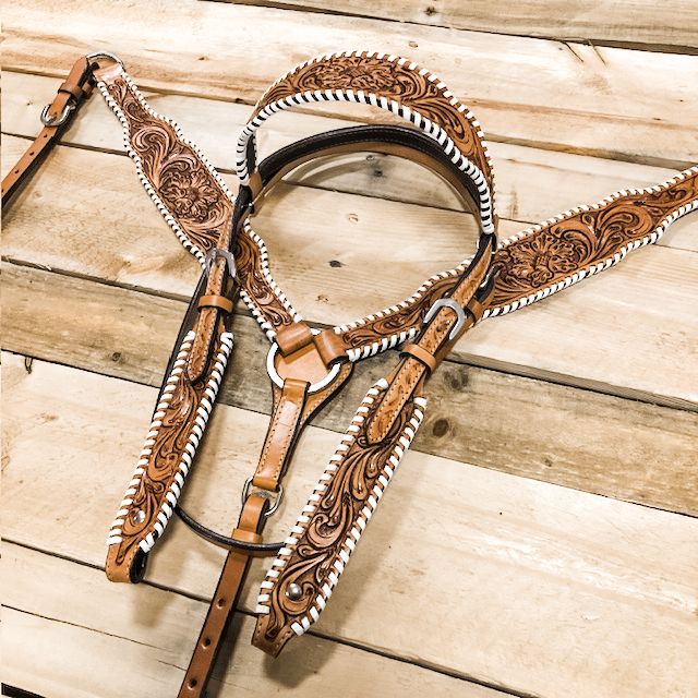 Floral Tooled White Buckstitch Headstall and