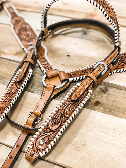 Floral Tooled White Buckstitch Headstall and